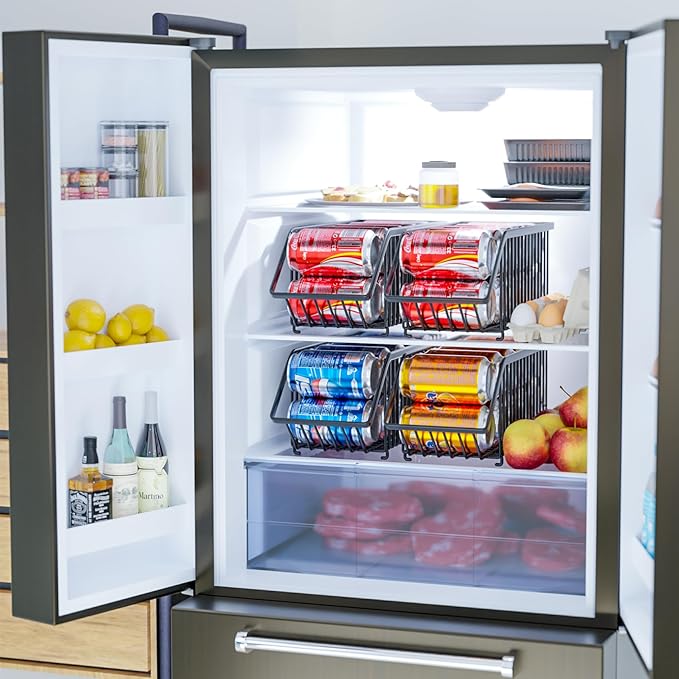 Stackable Soda Can Organizer Rack, Stacking Can Dispensers Refrigerator Organizer Bins Pop Soda Dispenser Canned For Fridge, Freezer, Kitchen, Cabinets (Black, 6)