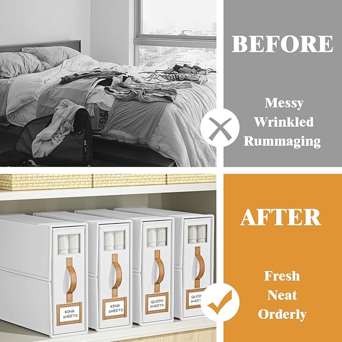 8 Pack Foldable Bed Sheets Set Organizers and Storage(King & Queen Size),Linen Fabric Closet Organizers with Window,Folding Bedding Storage Box for Bedsheets and Pillow Cube Organizer-White