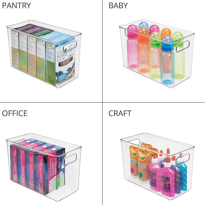 mDesign Plastic Food Storage Container Bin with Handles - for Kitchen, Pantry, Cabinet, Fridge/Freezer - Narrow for Snacks, Produce, Vegetables, Pasta - BPA Free, Food Safe - 4 Pack, Clear