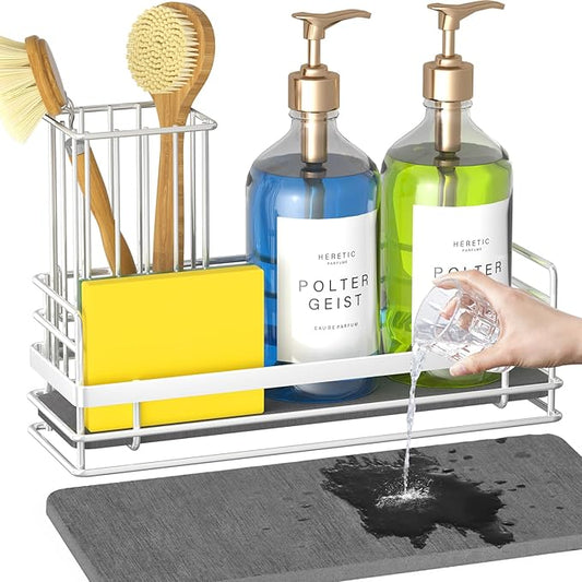 Yofidra Sink Caddy with Stone Drying Tray: Stainless Steel Soap Dispenser Kitchen Sink Organizer Set, Sponge Holder Counter Accessories Decor for Kitchen Organizers and Storage 8.1x3.5x4.5 in White