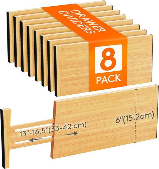 6" High 8 Pack Bamboo Drawer Dividers 33-42cm/13-16.5" Adjustable Wooden Drawer