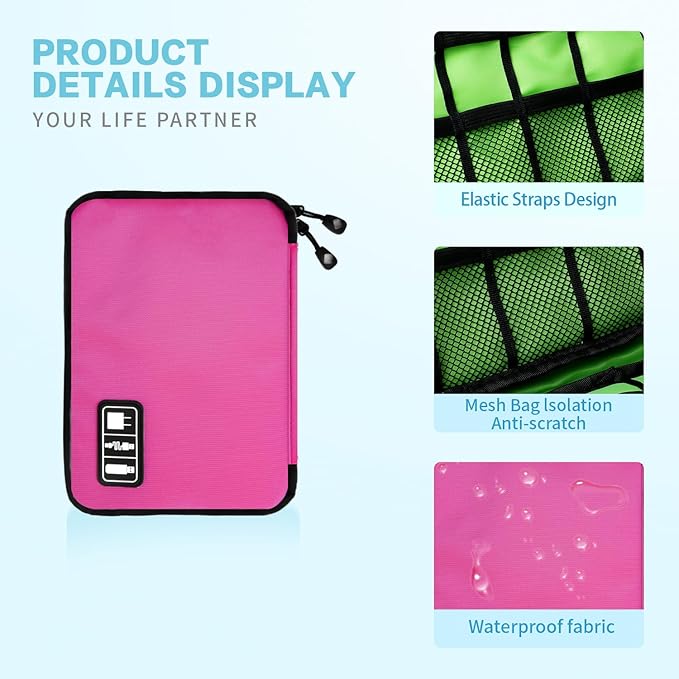Lcsmaokin Electronics Travel Organizer,Portable Waterproof Electronic Travel Storage Bag for Small Charging Cord Storage,Charger,SD Card etc,for Travel,Business-Rose Red