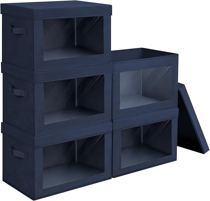 Stackable Storage Bins with Lids, Large Decorative Basket with Lids, Navy Blue