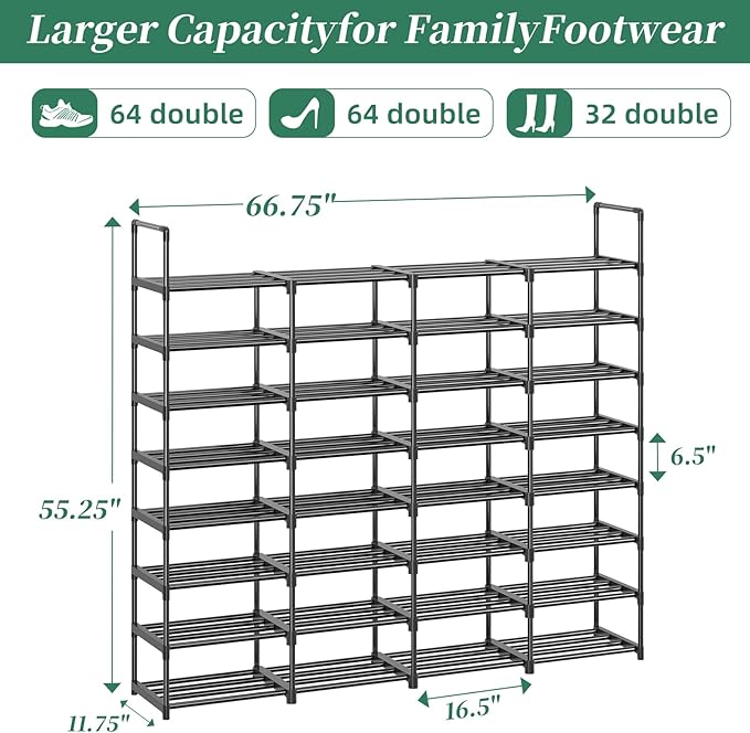 Simple Trending 8-Tier Shoe Rack Large Capacity 64 Pairs Tall Shoe Shelf, Sturdy Metal Shoe Organizer for Entryway, Closet, Bedroom, Black