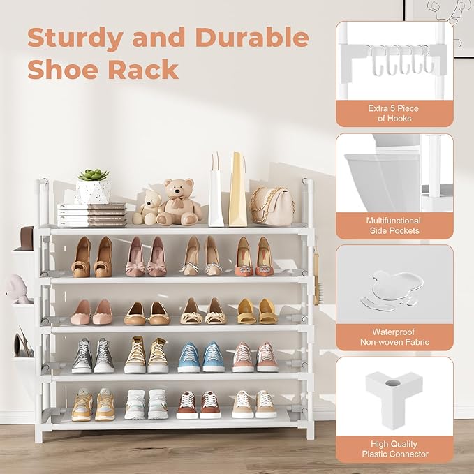5 Tier Shoe Rack, Shoe Organizer Storage for 20-25 Pair Boot and Sneaker, Stackable Free Standing Shoe Shelf with Hooks and Side Pocket, Space Saving Shoes Rack for Closet, Entryway, White