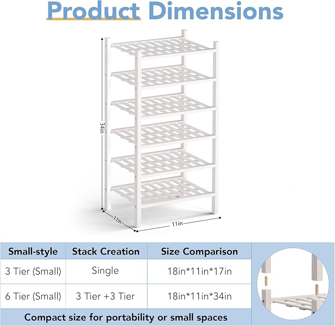 Haddockway Small 6 Tier Bamboo Shoe Rack Storage Organizer,Multifunctional Free Standing Stackable Shoe Shelf with Grid Panel for Closet,Hallway,Entryway,Small Space 18"x11"x34"