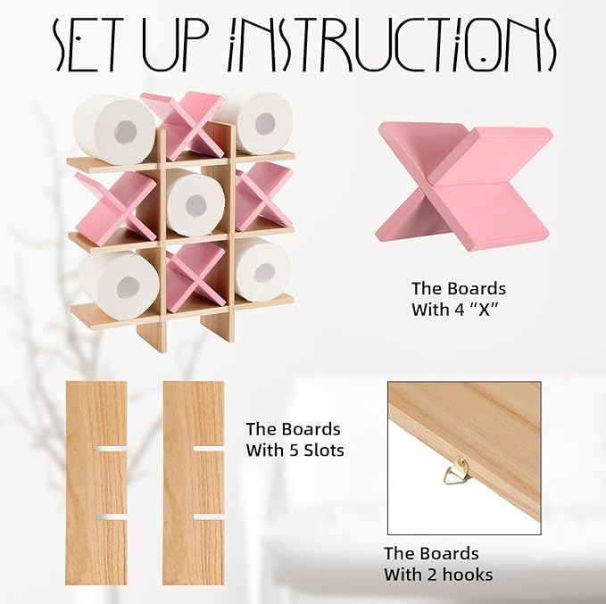 Weysat Tic Tac Toe Toilet Paper Holder Stand Bathroom Wall Decor Rustic Wooden Hanging Storage Freestanding Wall Mounted Shelves Decor for Toilet Tissue Farmhouse(Wood Color, Pink)
