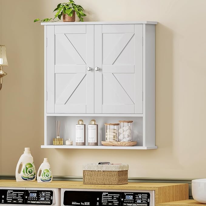 TEENFON Bathroom Wall Cabinet, Bathroom Cabinet with Barn Doors & Adjustable Shelf, Over The Toilet Storage Cabinet, Medicine Cabinet, White UNGGX001WV1