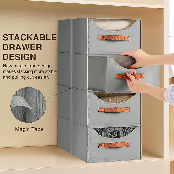 Homsorout Large Closet Organizers - Closet Storage Drawers for Clothes, Fabric Sotrage Bins with Handle, Collapsible Organizer Bins for Bedroom, Living Room, 4 Pack, Gray