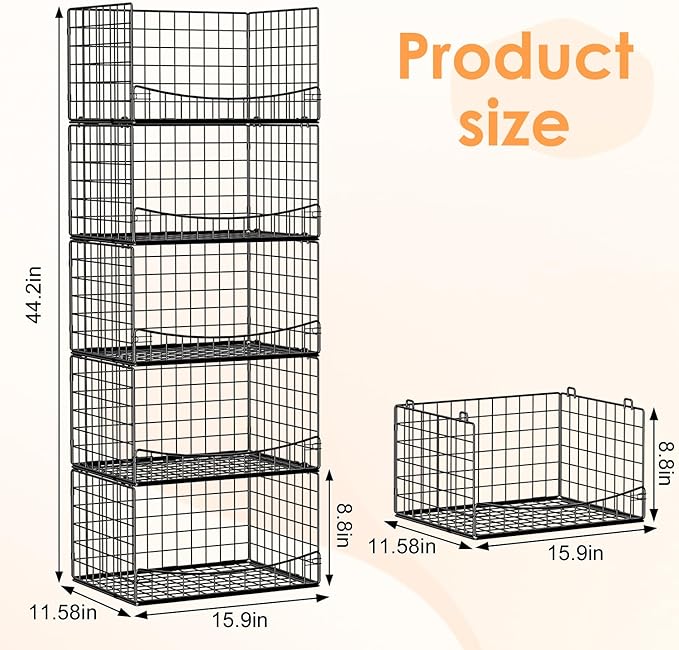 Hongtamoya 5-Tier Stackable Closet Organizers and Storage Shelves, Extend Clothing Closet Shelf Bins for Wardrobe Kitchen Office Bathroom, Clothes Organizer System-Wider Mouth Design, Black