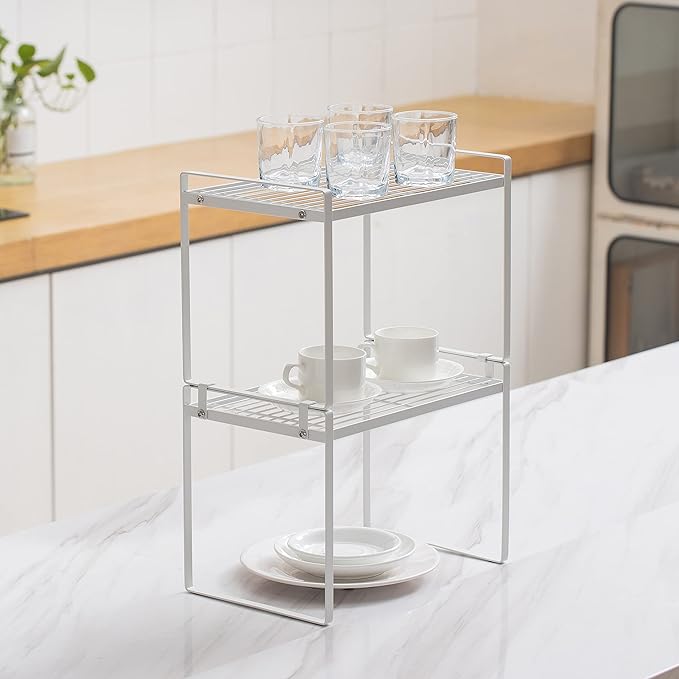 Shantton 2pk Kitchen Cabinet Shelf Counter Organizer Rack Pantry Storage Bathroom Bedroom Office Table Desk Space Saving Steel Frame Stackable Rust Resistant Non Slip White-Tall- L13in W8.3in H9.5in