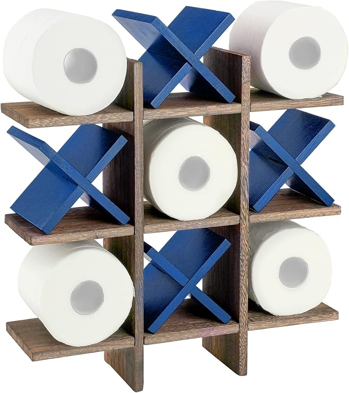 Weysat Tic Tac Toe Toilet Paper Holder Stand Bathroom Wall Decor Rustic Wooden Hanging Storage Freestanding Wall Mounted Shelves Decor for Toilet Tissue Farmhouse