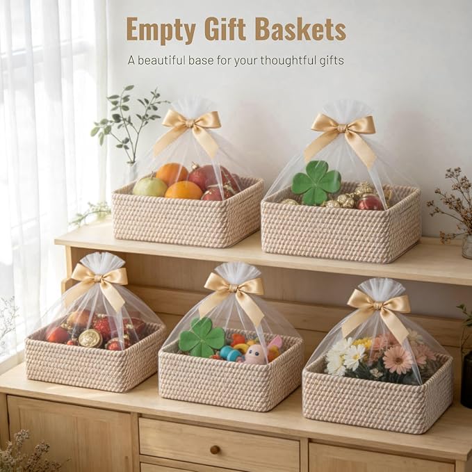 5 Pack Decorative Small Storage Baskets for Shelves, Cotton Rope Woven Basket for Organizing Bathroom, Nursery, Closet, Cabinet, Toys & Socks, Gift Baskets Empty, 11.8"x7.9"x4.7", Khaki