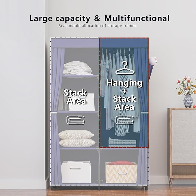 SORCEDAS Portable Closet Wardrobe Organizer Storage with Cover Non-Woben Fabric Portable Wardrobe Closet for Hanging Clothes Racks Shelving 33 Inch for Bedroom, Blue (Blue, 33Inch)
