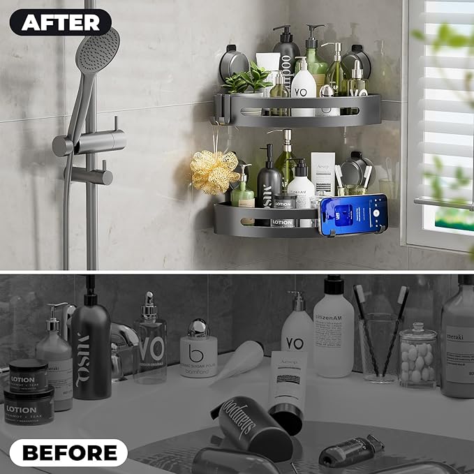 Shower Caddy Corner,Suction Cup Shower Caddy with Hooks,No Drilling Rustproof Aluminum Bathroom Organizers and Storage,Shelves for Bathroom Accessories Decor (3)