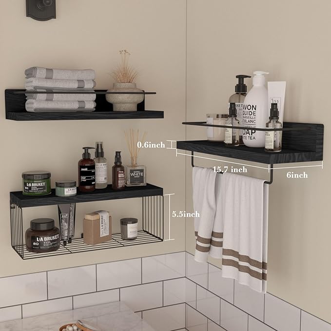 PopiShelves Bathroom Shelves Over Toilet for Wall, Floating Shelves with Storage Basket Paper Holer for Kitchen Living Room, Bedroom & Classroom, Set of 3 (Black)