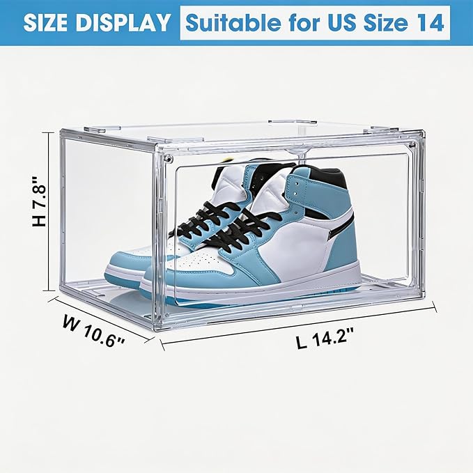 HIYOHIYO 1 Pack Clear Shoe Storage Boxes Stackable for Sneaker, Shoe Box Storage Bins, Fully Transparent Display Case with Magnetic Door Suitable for Ankle, Boots, High Heels, Fit US Size 14