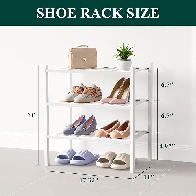 Smiry Bamboo Shoe Rack for Closet, 3 Tier Small Wooden Shoe Organizer, Stackable Wood Shoe Storage Shelf for Entryway, 14 Vertical Slats, One-piece Heavy-Duty Legs, 17.32"x11.02"x18.31", White