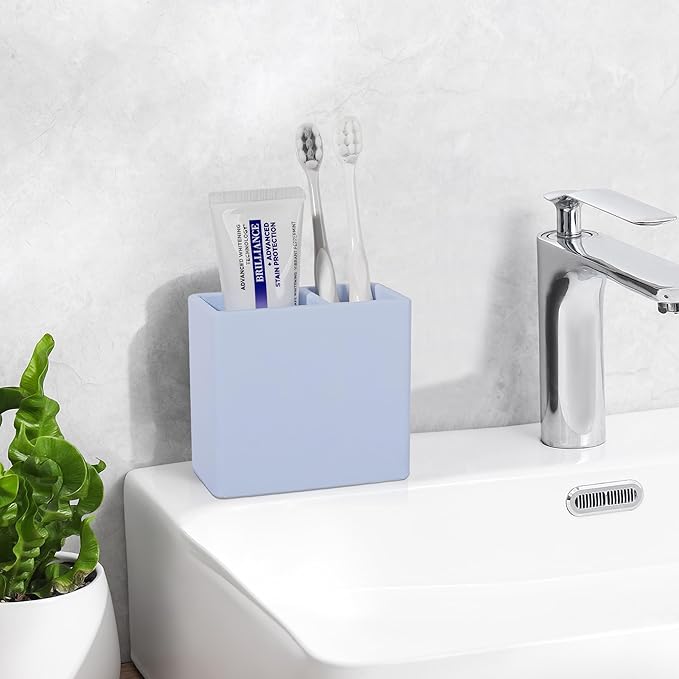 Diatomite Toothbrush Holder 2 Slots Tooth Brush Holder for Bathroom, Kids Electric Toothbrush and Toothpaste Organizer for Countertop, Shower, Vanity, Blue