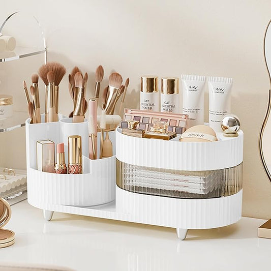Rotating Cosmetic Organizer, 3 Layer Storage, Brush Holder, Drawer