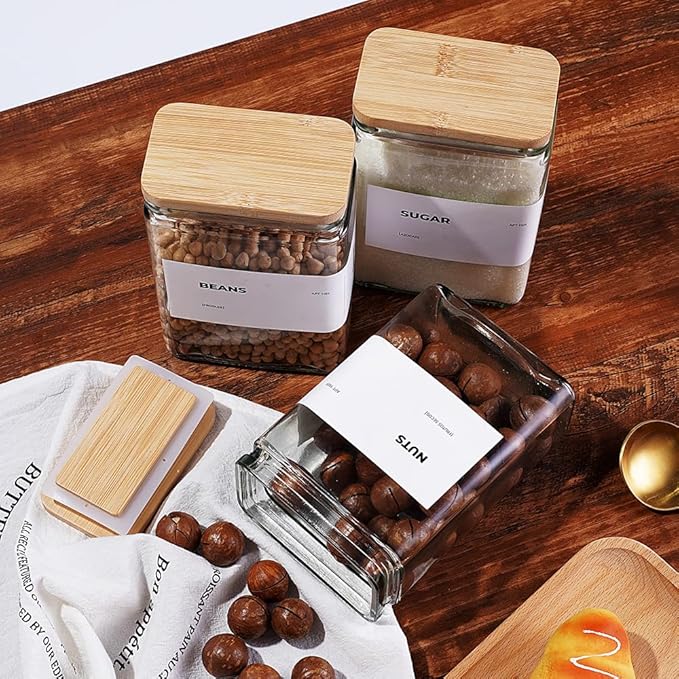 APT 1101 Glass Storage Jars with Bamboo Lid, glass canisters with airtight lids, Clear jars with lids for Spice, Cookie, Candy, Tea, Coffee Bean and Rice (White, 26 oz, Set of 6)