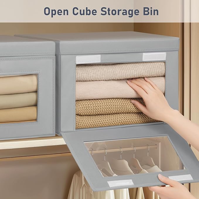 DIMJ Storage Bins with Lids - 4 Pack Fabric Closet Organizer with Window & Handles, Collapsible Decorative Storage Boxes for Shelves Under Bed, Books Clothes Blankets Sweaters Organization