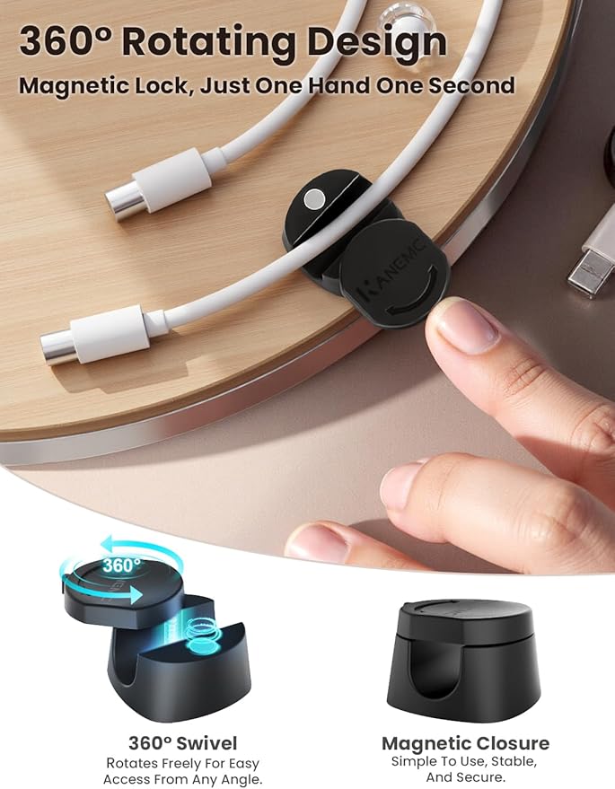 Kanemc Cable Clips Cord Holder for Desk, 360° Spin Magnetic Wire Organizer Self Adhesive Cord Management for Office Desks Cars Home Kitchen Electronic Accessory (Black, 6 PCS)