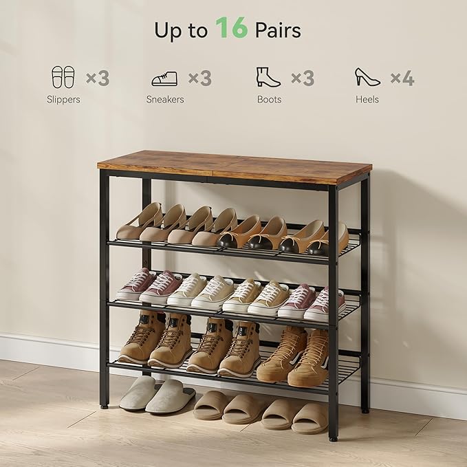 Shoe Rack for Closet, 4 Tier Shoe Organizer for Entryway, Rustic Brown