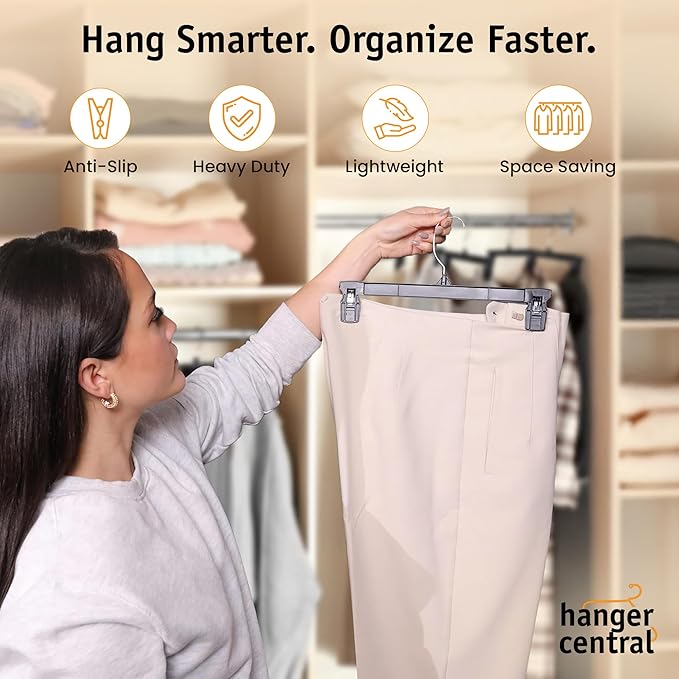 30 Pack Pants Hangers Slim Plastic Clothes Hangers with Clips for Skirts, Shorts & Trousers – Non Slip Grip, Heavy Duty Space Saver with Swivel Hook – Black Closet Organizer - 12 Inch