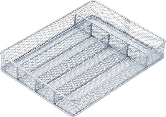 KCH-02154 Steel Mesh 5-Compartment Cutlery Utensil Organizer, Silver