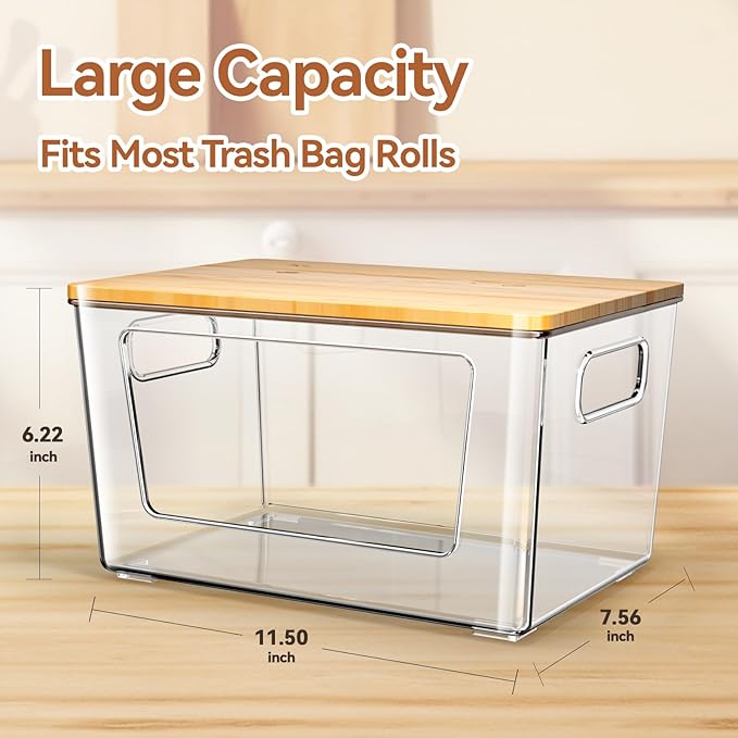 spospo Trash Bag Holder with Bamboo Lid, Stackable Trash Bag Dispenser, Extra Large Storage for Kitchen Laundry Room Under Sink (1Pack)