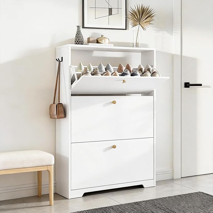 Nicetree Shoe Cabinet with 3 Flip Drawers, Narrow Shoe Organizer Cabinet, Freestanding Shoe Rack Cabinet, Modern Shoe Storage Cabinet for Entryway, Hallway, Foyer, White with Hook