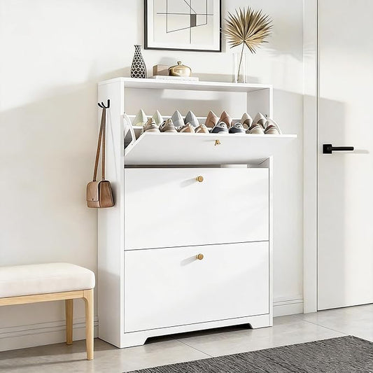 Nicetree Shoe Cabinet with 3 Flip Drawers, Narrow Shoe Organizer Cabinet, Freestanding Shoe Rack Cabinet, Modern Shoe Storage Cabinet for Entryway, Hallway, Foyer, White with Hook