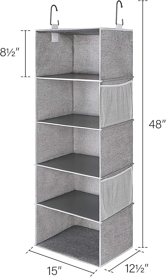 StorageWorks Hanging Closet Organizer, 5-Shelf Hanging Shelves with 2 Hooks, Foldable Space-Saving Design, Closet Organizers and Storage for Bedroom, Dorm, Locker, Gray