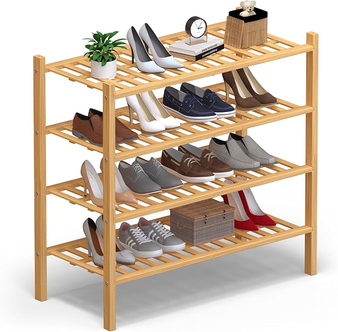 Haddockway 4 Tier Bamboo Shoe Rack Storage Organizer, Multifunctional Free Standing Stackable Shoe Shelf with Grid Panel for Closet,Hallway,Entryway,Small Space 27"x11"x26"