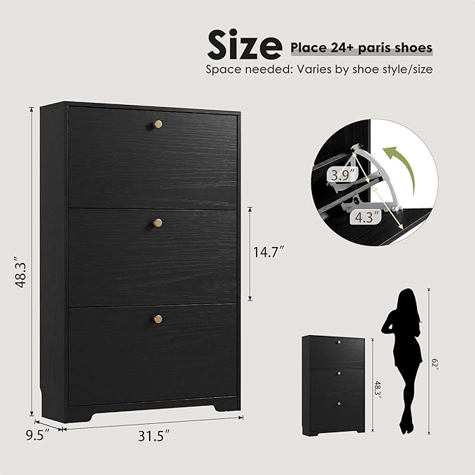 Nicetree Shoe Cabinet with 3 Flip Drawers, Narrow Shoe Organizer Cabinet, Freestanding Shoe Rack Cabinet, Modern Shoe Storage Cabinet for Entryway, Hallway, Foyer, Black with Hook