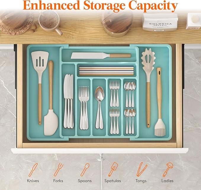 Utensil Organizer for Kitchen Drawer, Turquoise