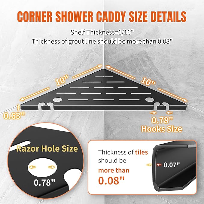 Permanent Grout-in Corner Shower Shelves with Hooks