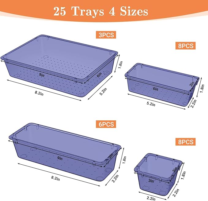 25 PCS Plastic Drawer Organizer Set, Dark Blue
