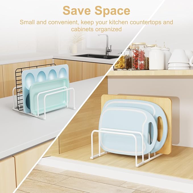 Fikoksol Cutting Board Organizer and Baking Sheet Rack, [1-Pack] White Heavy Duty Metal Cookie Sheet Organizer for Cutting Board Storage & Plate Holder for Cabinet, Tray Dividers for Cabinets