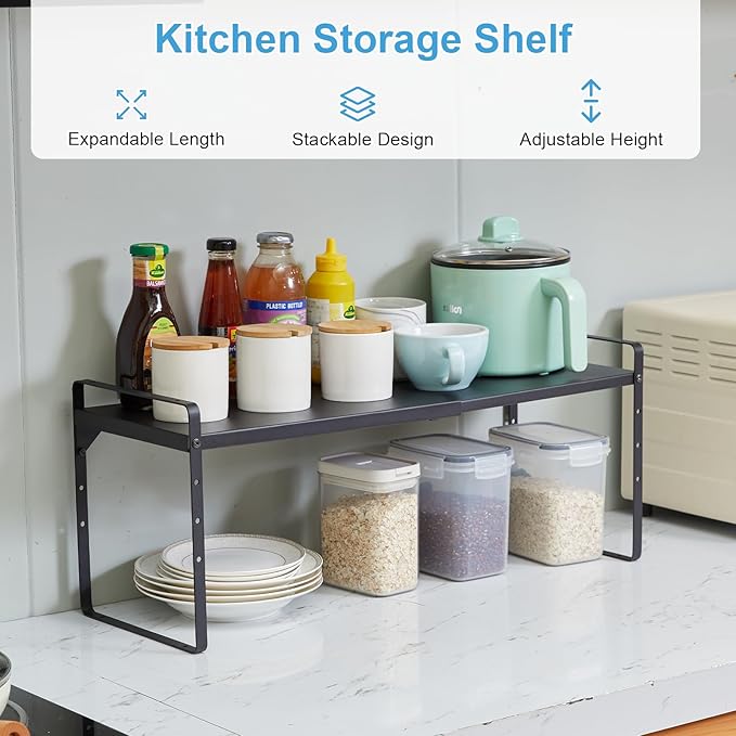 15.5 to 25.5 Inch Kitchen Cabinet Shelf Organizers, Adjustable Kitchen Counter Shelf Organizer, Set of 4 Expandable Countertop Storage Shelves, Stackable Design, 30LBS Heavy Duty, Space Saver