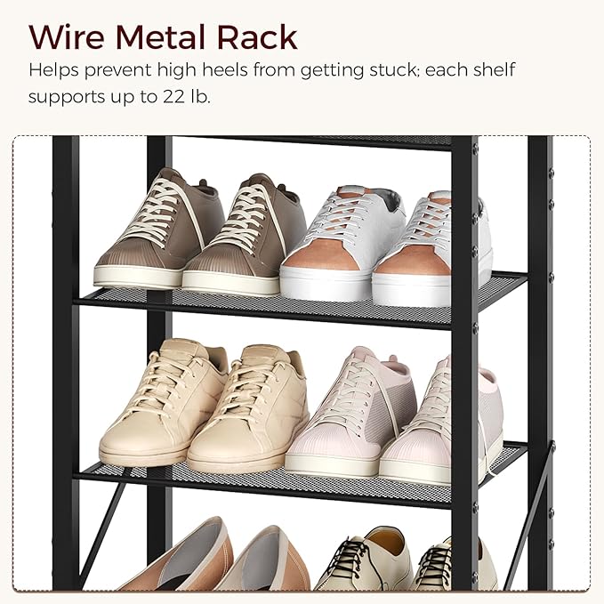 MAHANCRIS 8 Tier Narrow Shoe Rack Organizer, Tall Slim Shoe Storage for Small Space, Holds 8-16 Pairs, Metal Shoe Shelf with Wooden Top for Entryway Closet Bedroom, Rustic Brown and Black SRHR08401