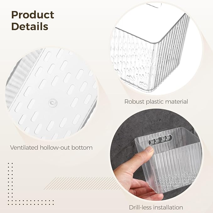12 Pcs Storage Organizer Bins, Wall-Mounted Storage Baskets with Self-Adhesive Hooks, Clear Plastic Hanging Baskets, Stackable Storage Holders for Bathroom, Kitchen, Refrigerator