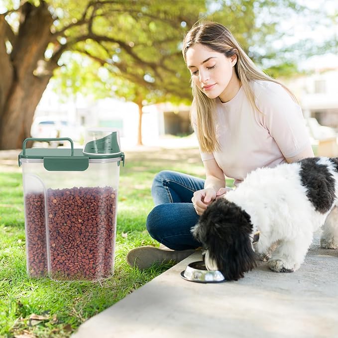 LEAWALK 5-7lbs Cat Dog Storage Container Portable with Upgraded Large Spout and Cup, Plastic Pet Food Dispenser BPA-Free for Small Animal Kibble, Bird Seed, Oatmeal, Rice, Flour-2Pack Dark Green