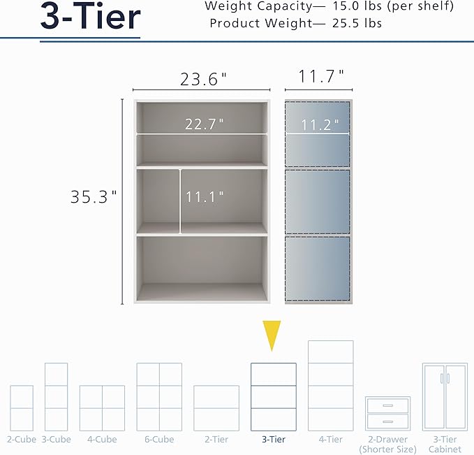 Homes: Inside + Out Apexa 3-Tier Cube Storage Organizer Shelves, Stackable Wood Bookcase Fits Cubby Bins for Organization, Dorm Teen Room Decor & Home Office, Taupe Grey