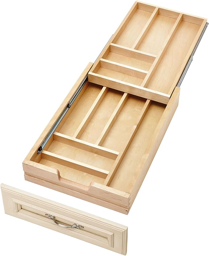 Rev-A-Shelf Two-Tier Kitchen Utensil Drawer Organizer & Pullout Cutlery Tray, Soft-Close Slides, 18" Base & 15" Cabinet Opening, Wood, 4WTCD-18HSC-1