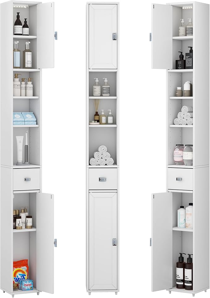 Tall Storage Cabinet, 7.9 Inch Narrow Bathroom Cabinet with USB Magnetic Light