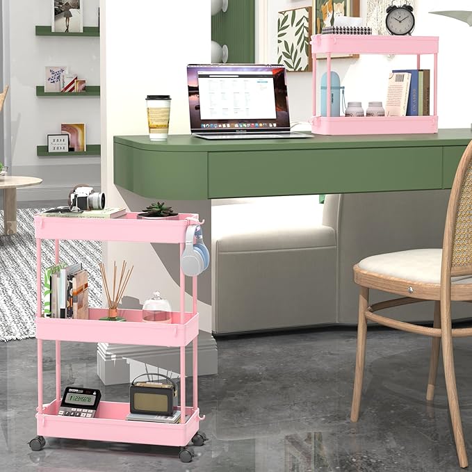 Slim Rolling Storage Cart, Pink