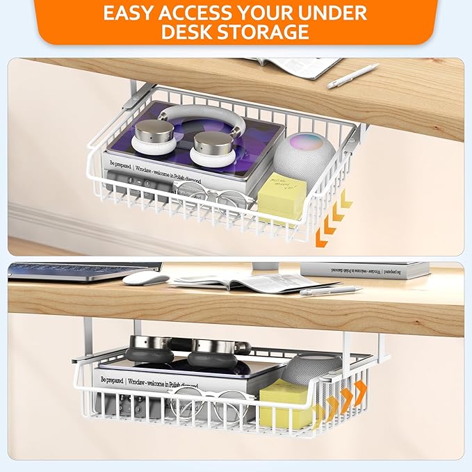 ENONCI Under Desk Drawer, Slide Out Design,No Drill Metal Under Desk Cable Management, Under Table Storage Shelf Tray Basket Under Table Drawer Organizer for Office, Home, Workspace, Cabinet