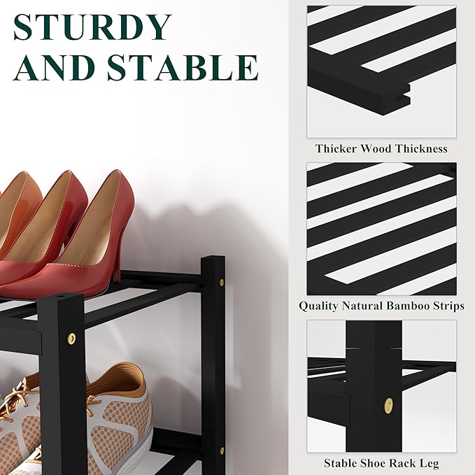 Smiry Small Bamboo Shoe Rack, 2 Tier Free Standing Wooden Shoe Organizer, Stackable Wood Shoe Storage Shelf for Closet, Entryway, 12 Vertical Slats, One-piece Standard Legs, 17.3"x11"x13", Black